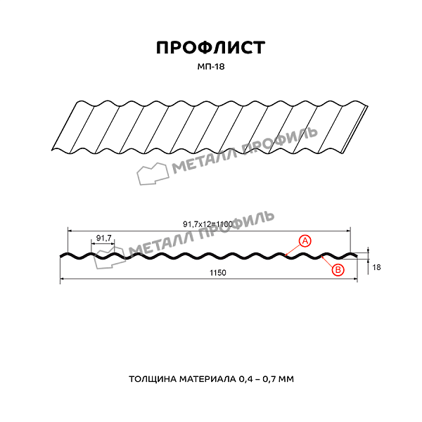 Профлист МЕТАЛЛ ПРОФИЛЬ МП-18x1100-B NormanMP (ПЭ-01-6019-0,5)