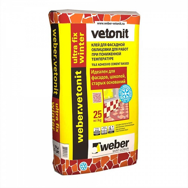 Клей для фасадной облицовки weber.vetonit ultra fix winter зима 25кг