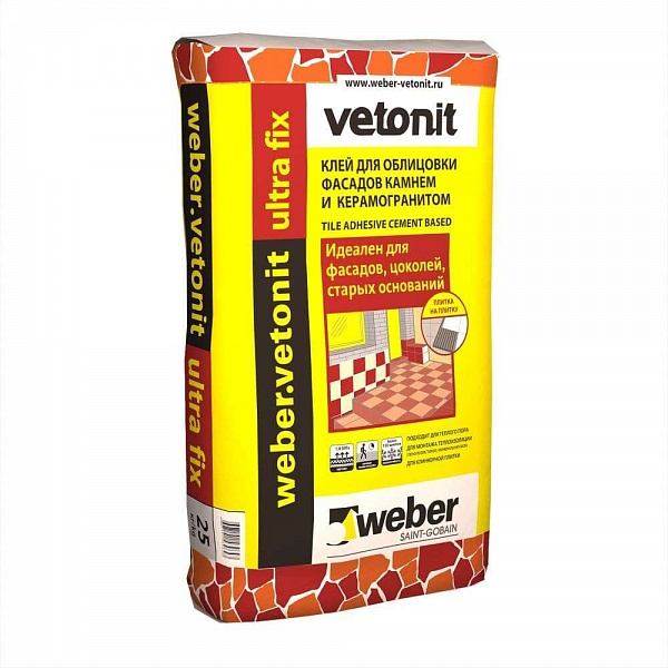 Клей для облицовки фасадов камнем и керамогранитом weber.vetonit ultra fix 25кг